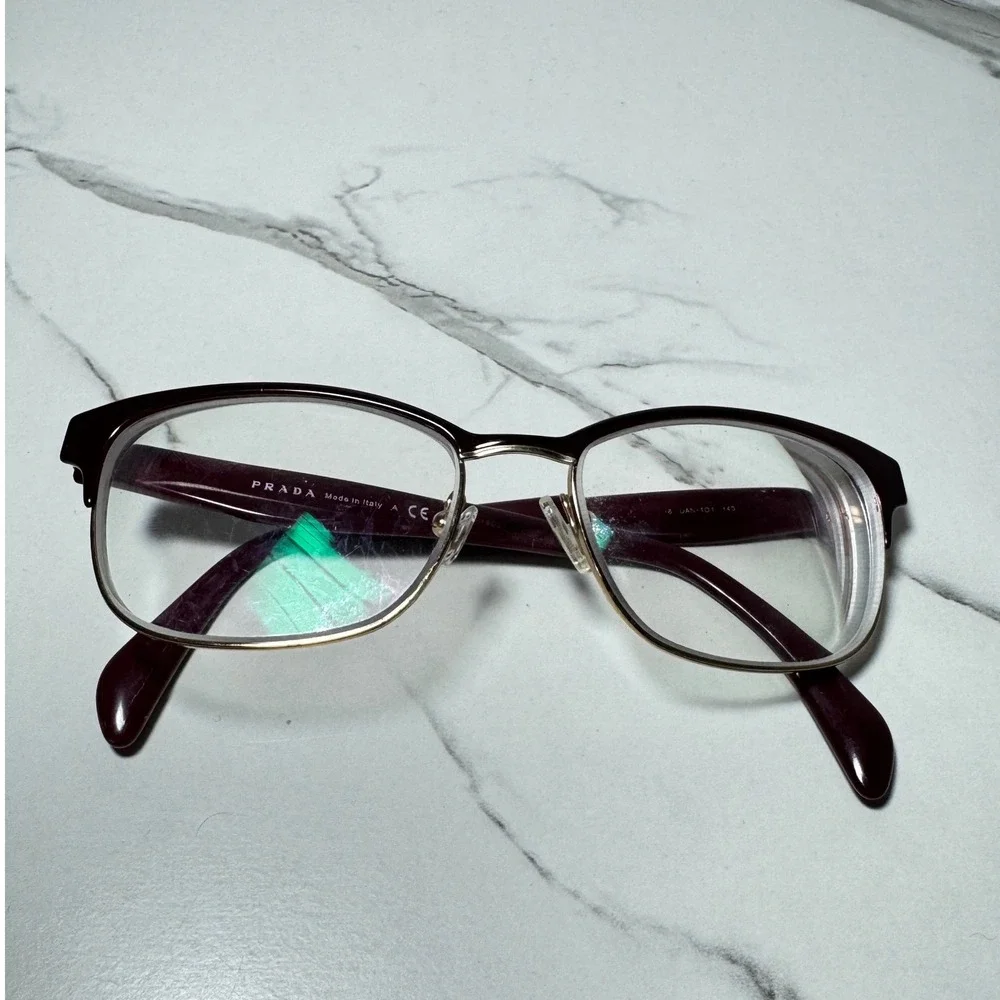 Prada VPR 16U Burgundy Gold Rectangular Eyeglasses Italy 53-16-140 Authentic